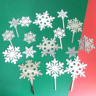 亚克力圣诞雪花蛋糕插件带插杆，白色银色雪花，套装圣诞节雪花装饰