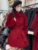 秋冬过年红色羊绒大衣女短款小个子系带立领双面羊毛呢外套厚