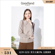 Goodland美地女装冬季法式钉珠设计感翻领纯绵羊毛针织衫上衣