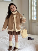 韩国女童时髦加绒高领皮毛，一体夹棉机车，棉服23秋冬pu外套大衣夹克