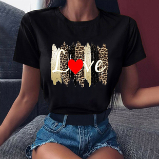 leopardprintt-shirt夏季时尚，豹纹印花女士圆领，宽松黑色短袖t恤