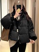 韩版时髦针织立领假两件羽绒棉服女冬季面包服黑色棉衣外套女