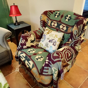 美式乡村单人双三人沙发，全盖布欧式复古绿色几何沙发巾罩套盖毯棉