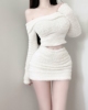 欧美套装女毛绒辣妹气质白色一字领上衣包臀短裙氛围感富家女
