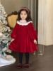 女童秋冬法式生日圣诞新年礼服，裙中小儿童，红色长袖公主连衣裙纯色
