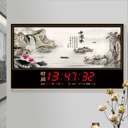中式万年历电子钟2022山水画壁挂时钟客厅挂墙家用数码挂钟表