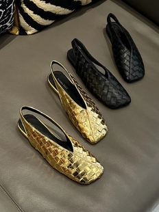 c2803时尚巴黎的老店国际，范太足羊皮编织斜方头后空单鞋平底