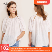 amii法式短袖雪纺衫女圆领，镂空暗纹2023夏季宽松遮肚简约上衣