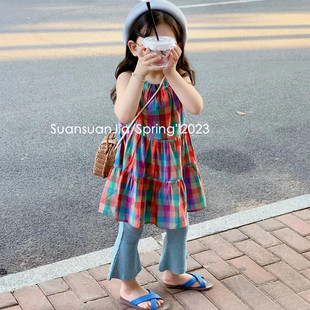 儿童沙滩裙夏季韩国童装女童彩色格子吊带裙宝宝背心裙子洋气
