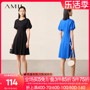 amii2024夏圆领(夏圆领)灯笼袖短袖修身显瘦连衣裙小黑裙法式裙子女