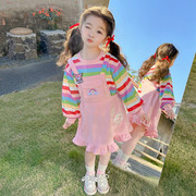 女童春装背带裙套装2024童装洋气儿童条纹长袖女宝宝网红衣服