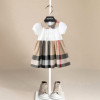 伯米吉2024夏装小童娃娃，领公主裙，洋气女童白色格纹短袖连衣裙