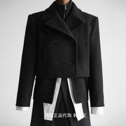 PAPERMOON韩国2023冬装 时尚翻领双排扣短款90羊毛外套夹克女