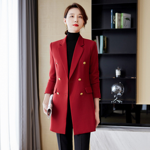 红色西装外套女秋冬季2023年会正装上衣高级感中长款西服大衣