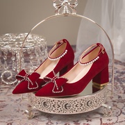 主婚红色婚鞋秀禾服两穿高跟鞋子新娘鞋孕妇，粗跟中式礼服鞋