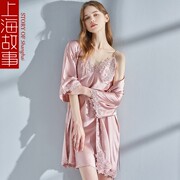 上海故事真丝睡衣女夏季高档吊带睡裙睡袍桑，蚕丝粉色两件套蕾丝边