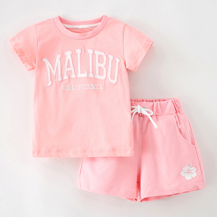 女童粉红色短袖t恤短裤子，套装宝宝纯棉夏装，儿童休闲运动服两件套2