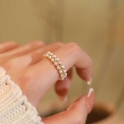 双排珍珠锆石戒指小众设计奢高级感开口指环，时尚百搭食指戒配饰女