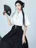 新中式黑色马面裙搭配v领上衣女装夏季2024国风绝美提花半袖衬衫