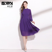 紫色雪纺长袖连衣裙秋季2022简约大方优雅气质，收腰显瘦a字裙