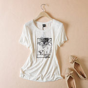 莫代尔白色短袖t恤女夏季 洋气亮片花朵刺绣圆领薄款清凉上衣