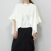 韩国日系外单夏季圆领纯色，舒适棉麻荷叶边蝙蝠，短袖t恤小衫女
