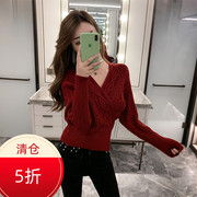 性感v领红色粗毛线毛衣女(毛，衣女)套头交叉绑带，低胸针织开衫收腰短款上衣