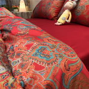 新中式结婚60支长绒棉，贡缎四件套床上用品，婚庆大红色被套双人婚礼