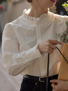 法式宫廷风木耳边立领白衬衫女春秋设计感小众洋气泡泡袖减龄小衫