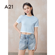 A21女装合体圆领套头条纹短袖线衫夏季设计感简约撞色短款T恤