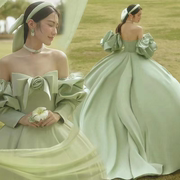 花朵婚纱影楼主题服装情侣户外外景长拖尾礼服法式抹胸泡泡袖绿色