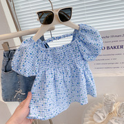 女童洋气泡泡短袖衬衫，2024夏季韩版宝宝，格子上衣女孩纯棉衬衣