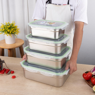 商用大容量304不锈钢密封保鲜盒带盖长方形厨房，食物储存盒饭盒盆