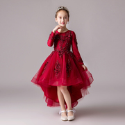儿童礼服红色公主裙女童，前短后长长袖花童小主持人钢琴演出服秋季