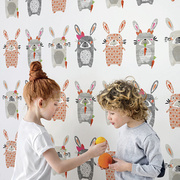儿童房壁纸现代兔子，卡通童趣卧室背景墙，男孩女孩动物墙纸