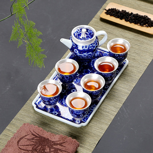 青花瓷鎏银功夫茶具，999银茶杯，干泡盘一壶六杯旅行皮茶包