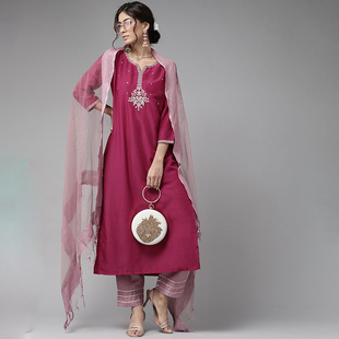 印度进口女装特色民族风旁遮比3件套，真丝混纺刺绣薄款玫红色2024