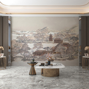 新中式餐厅古典山水建筑墙布轻奢客厅沙发壁画电视背景墙壁纸壁布