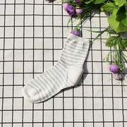 白色条纹女袜防裂袜中筒纯棉日单花边口松口后跟硅胶保湿外贸