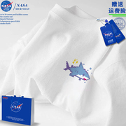 NASA联名像素涂鸦卡通鲨鱼短袖t恤男夏季纯棉男士潮流小众上衣女