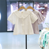 cheek女童蕾丝娃娃领衬衫短袖2024夏季韩国儿童泡泡袖T恤纯色