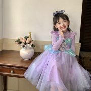 爱莎公主裙子女童秋冬款紫色加厚美人鱼礼服儿童洋气针织毛衣裙