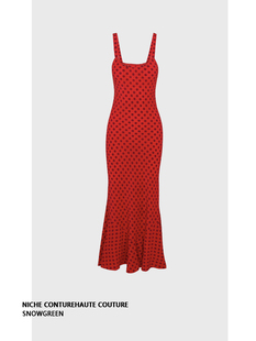 真丝长裙南法浪漫复古红波点，设计感小众性感，吊带鱼尾斜裁连衣裙