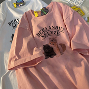 小个子粉色猫咪印花短袖t恤女夏季多巴胺宽松减龄洋气半袖上衣ins