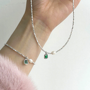 通体925纯银绿锆石吊坠，手链女小众设计ins潮气质碎银子珍珠锁骨链