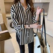 韩国黑白条纹衬衫，女2023春秋复古港味轻熟设计感小众雪纺衬衣