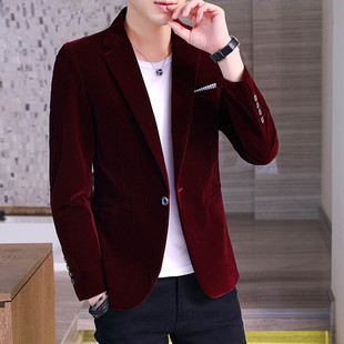 酒红色平绒西装外套男士，韩版潮流帅气修身小西服男装时尚英伦单西