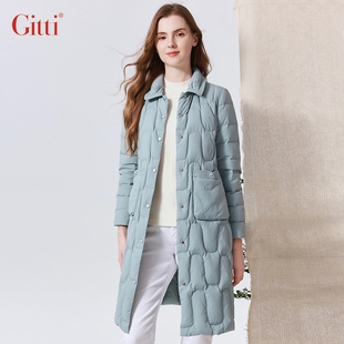 Gitti/吉蒂时尚车花长款鸭绒羽绒服女大码方领保暖外套G235588
