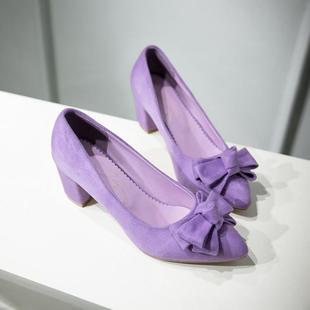 2016春季6cm中跟粗跟小尖头蝴蝶结紫色单鞋，粉色蝴蝶结女鞋子绒面