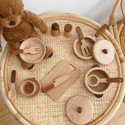 宝宝仿真厨房玩具木制过家家玩具，迷你小餐厅原木，餐具儿童小灶台